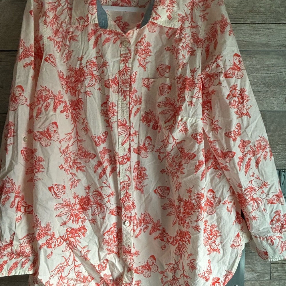 Talbots Red and White Floral Button Down Shirt